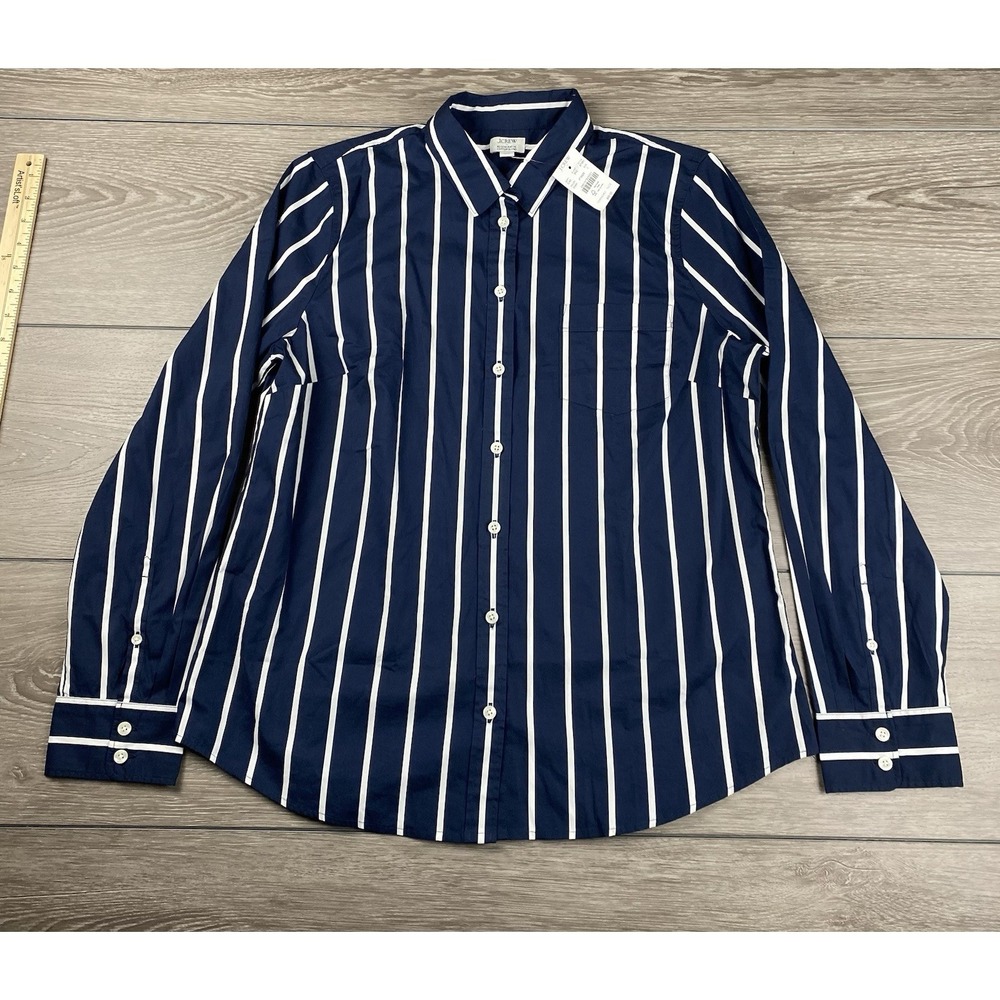 J Crew Women's Long Sleeve Vertical Striped Button Up Shirt Blue Sz L New - Picture 2 of 9